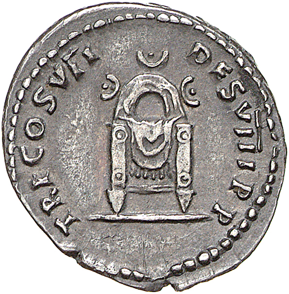 RIC II, Part 1 (second edition) Domitian 67 Domitian reverse, Square seat, draped; semicircular frame with three crescents...