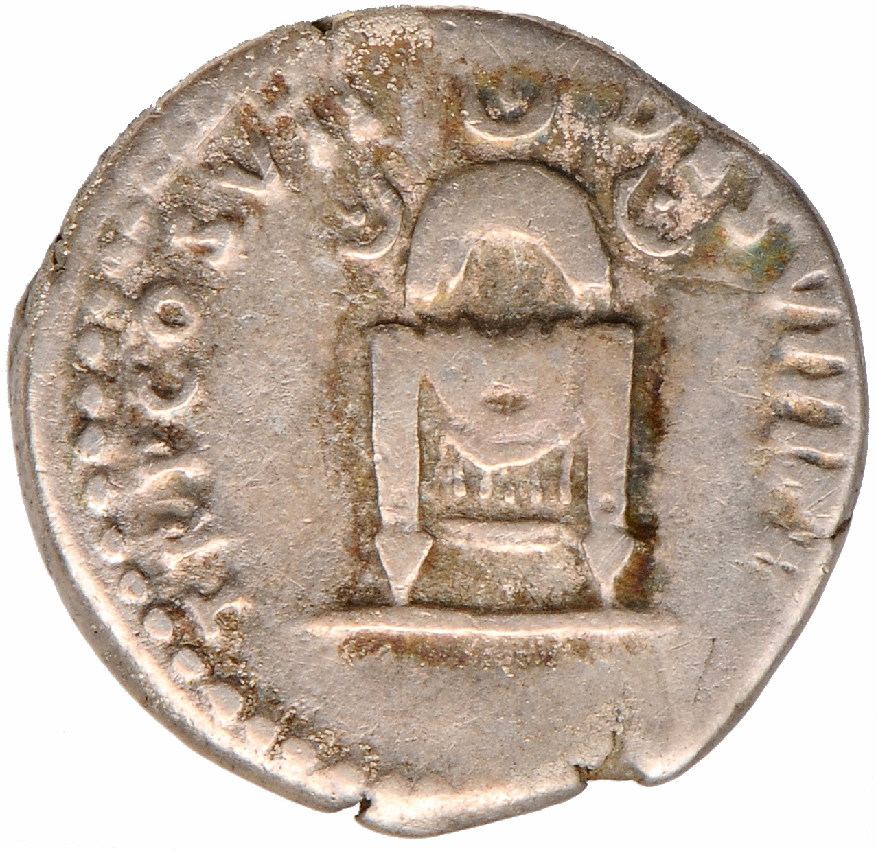 RIC II, Part 1 (second edition) Domitian 67 Domitian reverse, Square seat, draped; semicircular frame with three crescents...