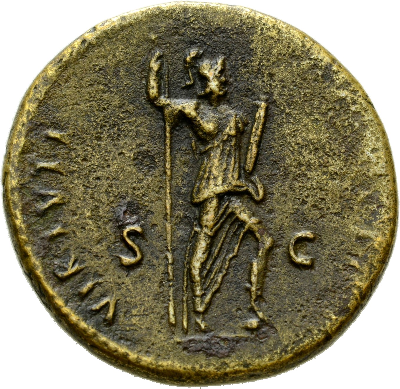 RIC II, Part 1 (second edition) Domitian 706 Domitian reverse, Virtus standing right, resting foot on helmet, holding spea...