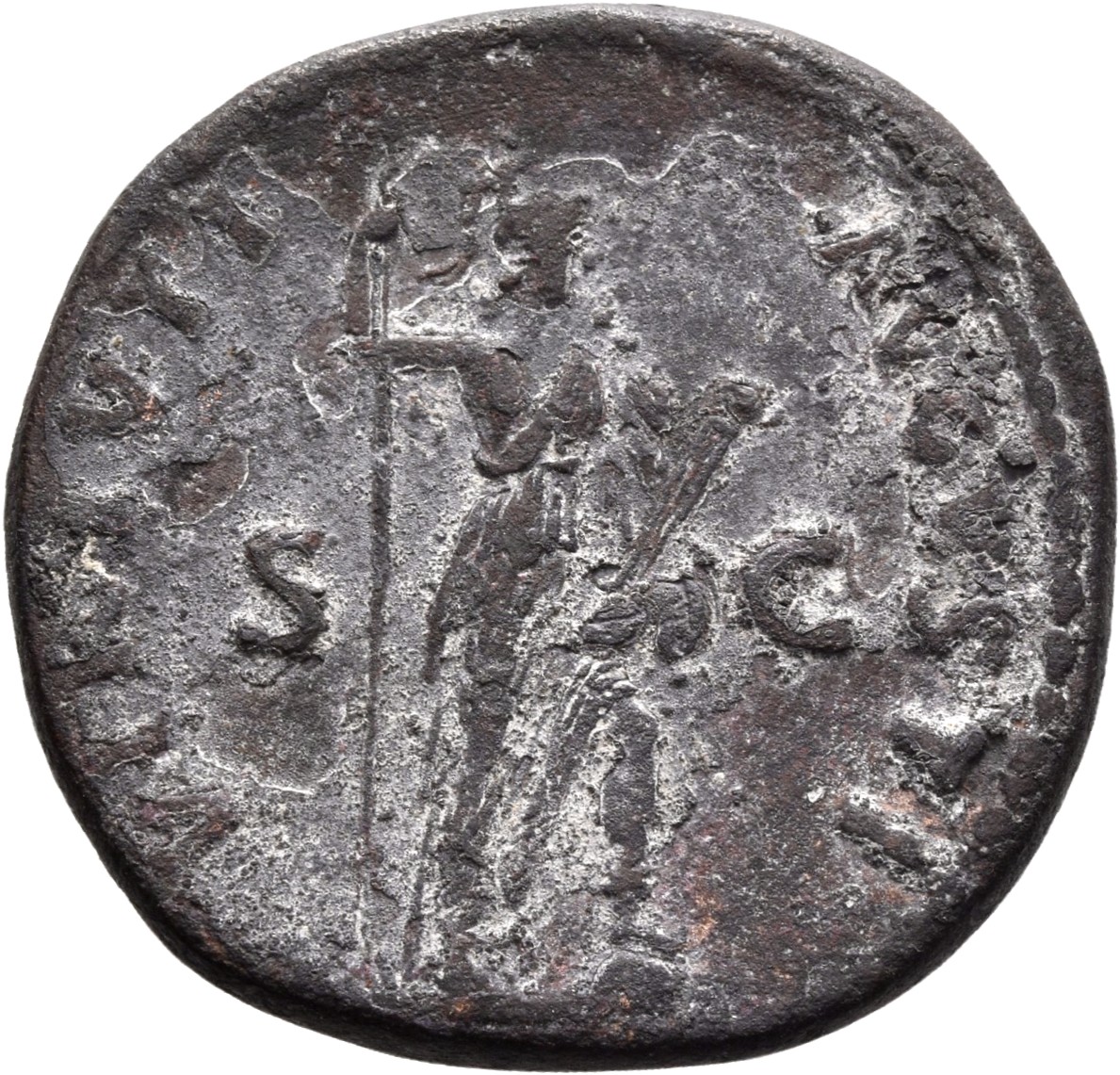 RIC II, Part 1 (second edition) Domitian 706 Domitian reverse, Virtus standing right, resting foot on helmet, holding spea...