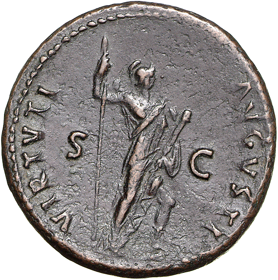 RIC II, Part 1 (second edition) Domitian 709 Domitian reverse, Virtus standing right, resting foot on helmet, holding spea...