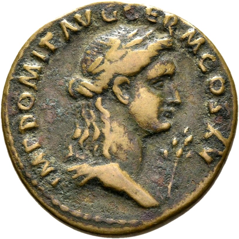 RIC II, Part 1 (second edition) Domitian 710 Domitian obverse — Bust of Apollo, draped, right; branch front