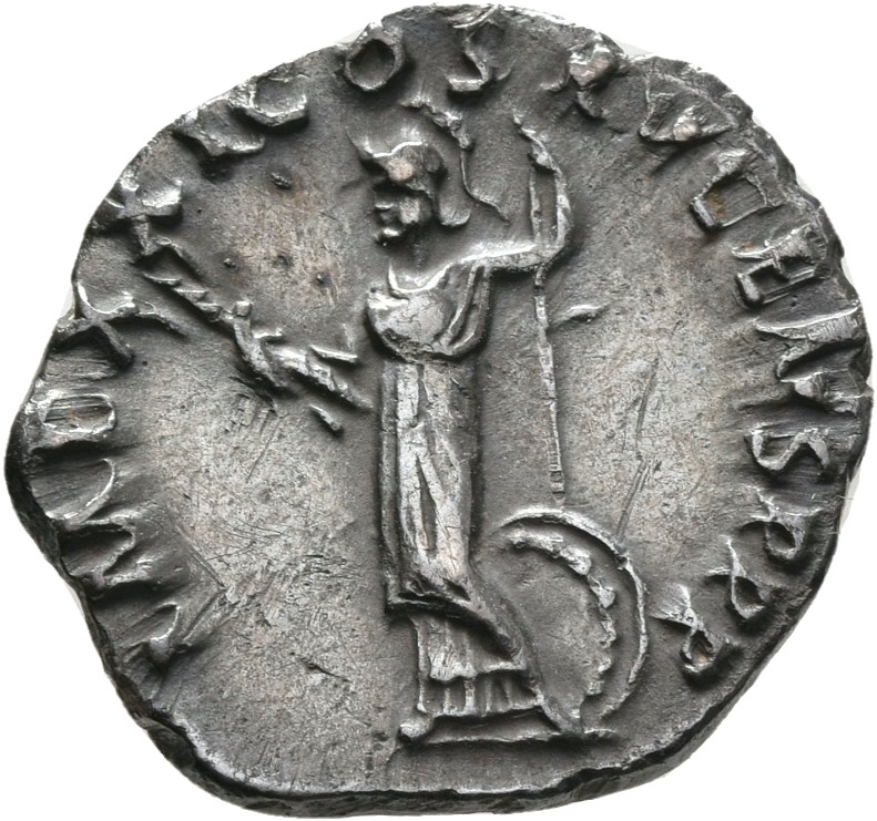 RIC II, Part 1 (second edition) Domitian 721 Domitian reverse, Minerva standing left, holding thunderbolt and spear; shiel...