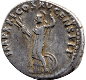 RIC II, Part 1 (second edition) Domitian 721 Domitian reverse, Minerva standing left, holding thunderbolt and spear; shiel...
