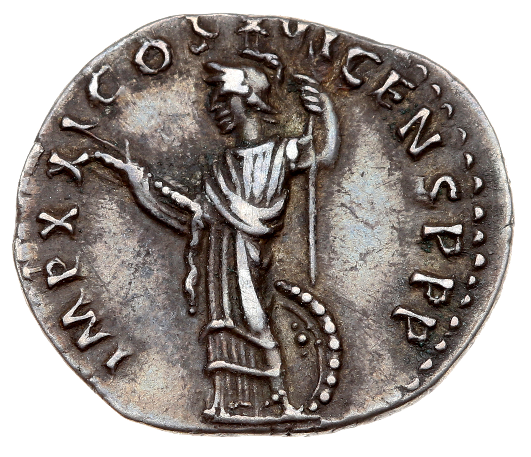 RIC II, Part 1 (second edition) Domitian 737 Domitian reverse, Minerva standing left, holding thunderbolt and spear; shiel...