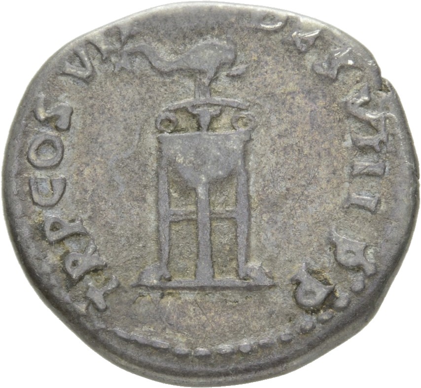 RIC II, Part 1 (second edition) Domitian 74 Domitian reverse, Tripod with fillets; dolphin above
