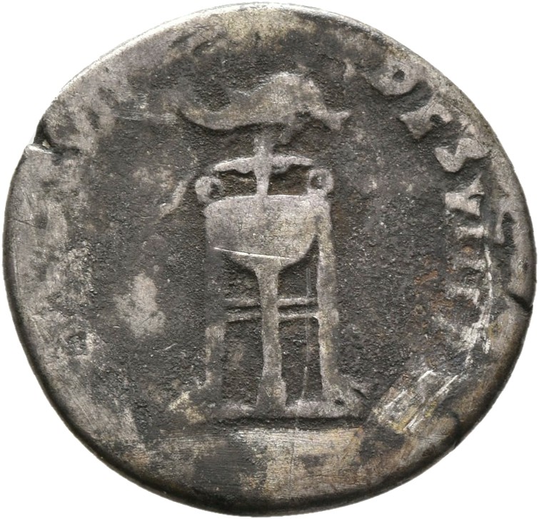 RIC II, Part 1 (second edition) Domitian 75 Domitian reverse, Tripod with fillets; dolphin above