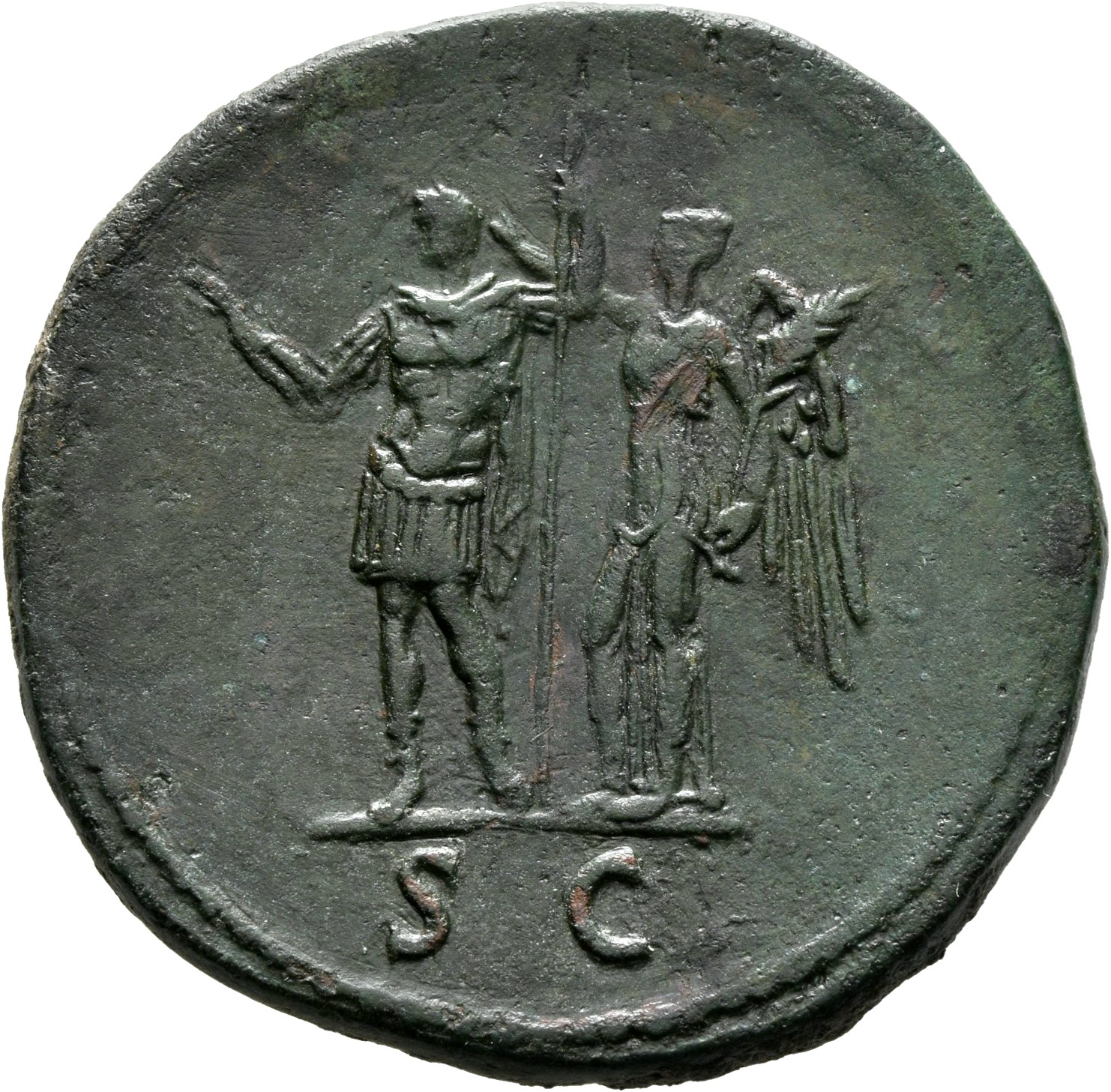 RIC II, Part 1 (second edition) Domitian 752 Domitian reverse, Domitian standing left, holding thunderbolt and spear, bein...