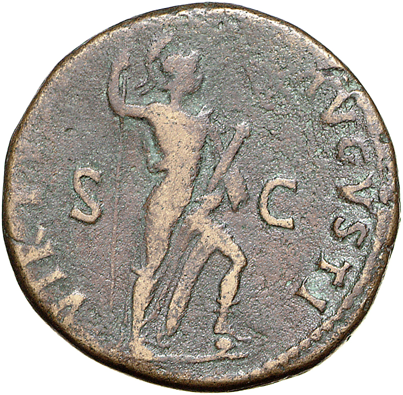 RIC II, Part 1 (second edition) Domitian 754 Domitian reverse, Virtus standing right, resting foot on helmet, holding spea...