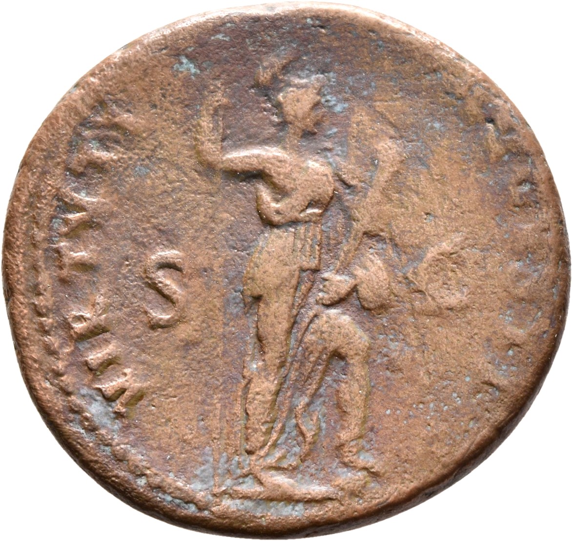 RIC II, Part 1 (second edition) Domitian 757 Domitian reverse, Virtus standing right, resting foot on helmet, holding spea...