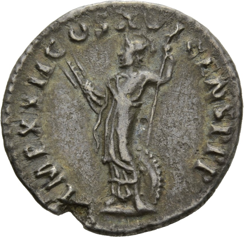 RIC II, Part 1 (second edition) Domitian 763 Domitian reverse, Minerva standing left, holding thunderbolt and spear; shiel...