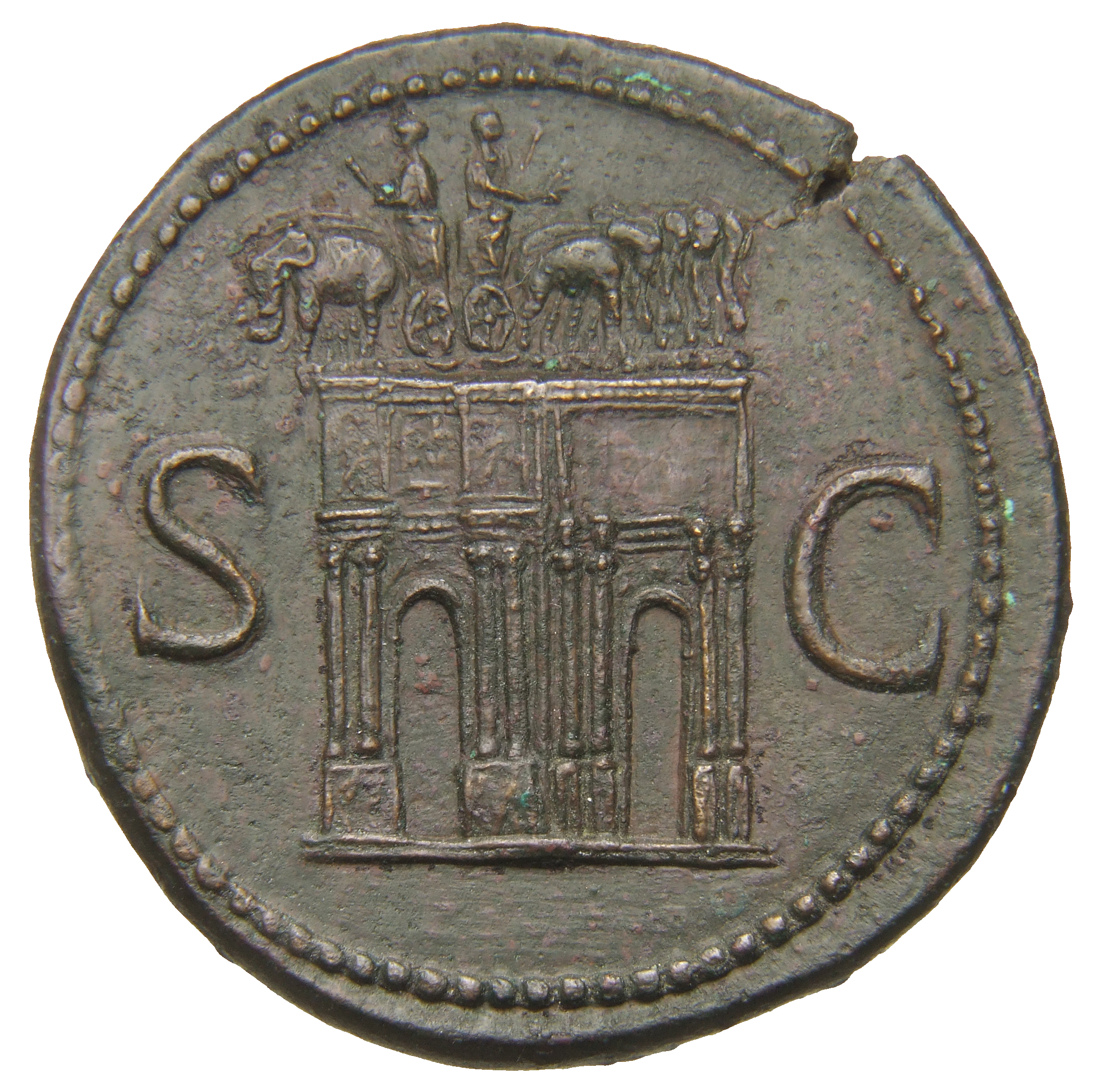 RIC II, Part 1 (second edition) Domitian 796 Domitian reverse, Two arch triumphal arch surmounted by quadriga driven by tw...