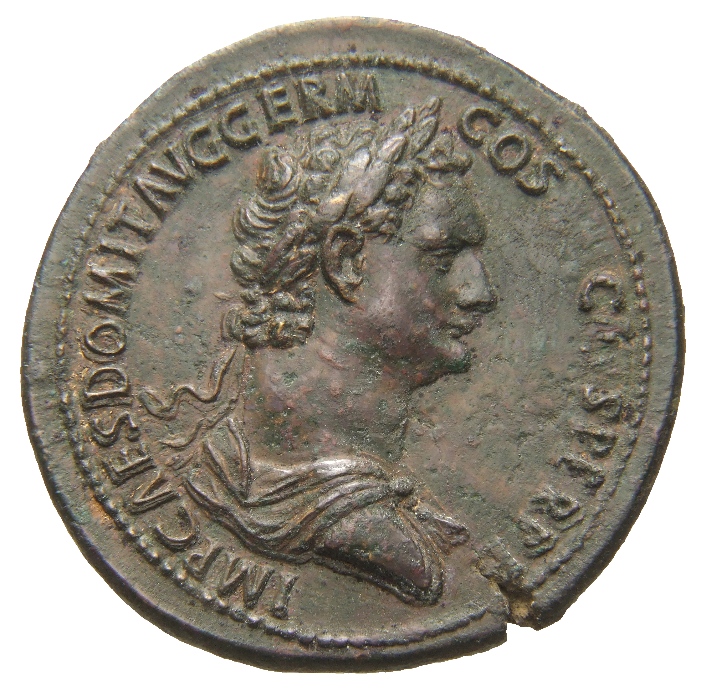 RIC II, Part 1 (second edition) Domitian 796 Domitian obverse, Bust of Domitian, laureate, draped, cuirassed, right