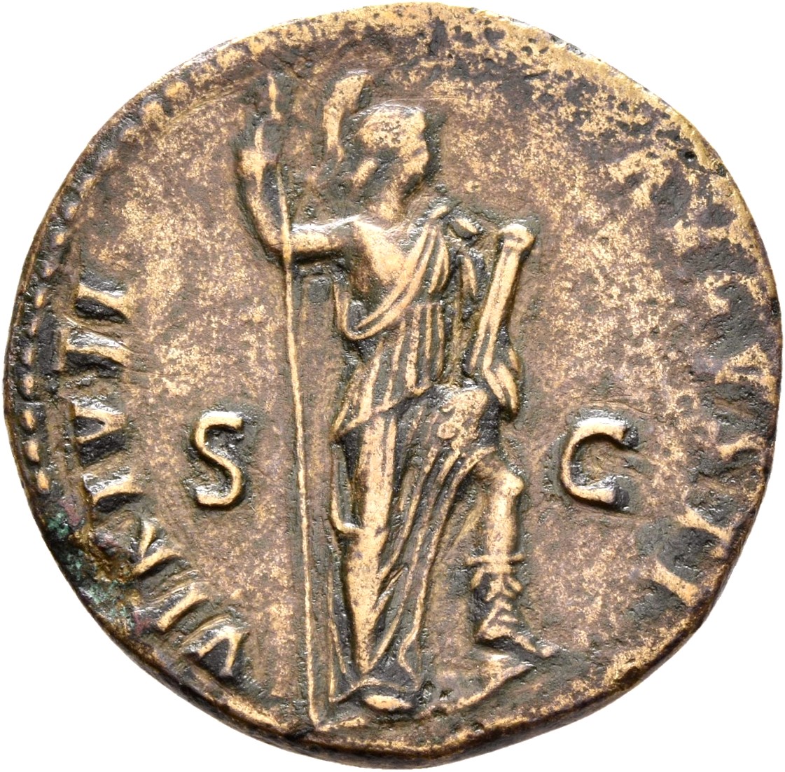 RIC II, Part 1 (second edition) Domitian 804 Domitian reverse, Virtus standing right, resting foot on helmet, holding spea...