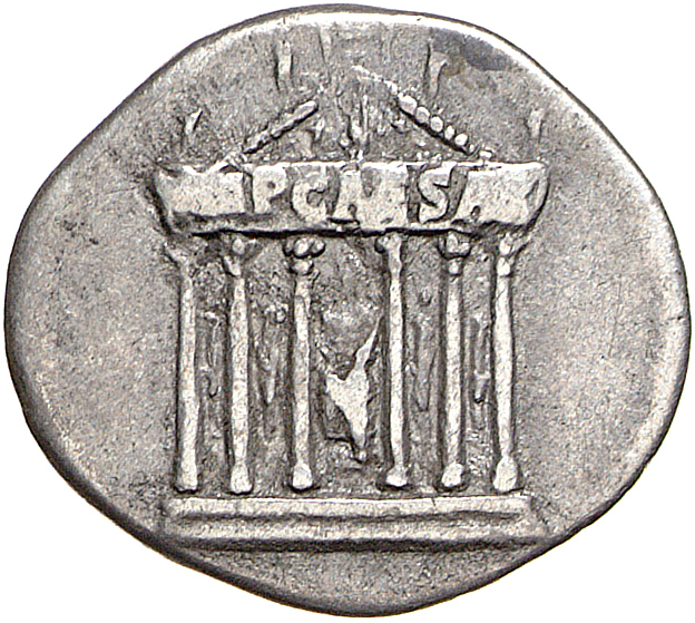 RIC II, Part 1 (second edition) Domitian 815 Domitian reverse, Hexastyle temple on podium of two steps; within, Jupiter se...