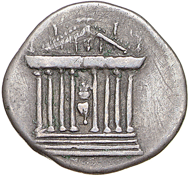 RIC II, Part 1 (second edition) Domitian 816 Domitian reverse, Statue seated inside octastyle temple; architrave inscribed...