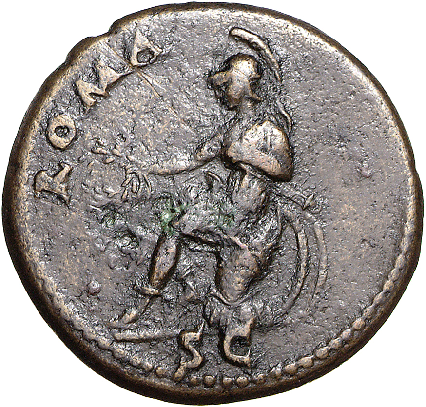 RIC II, Part 1 (second edition) Domitian 839 Domitian reverse, Roma seated left on cuirass, holding wreath in right hand a...