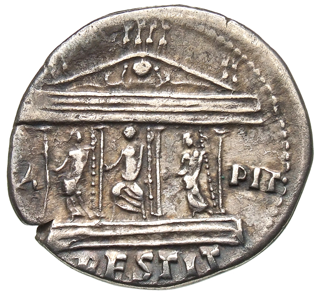RIC II, Part 1 (second edition) Domitian 841 Domitian reverse, Front view of tetrastyle temple: in center, Jupiter seated ...