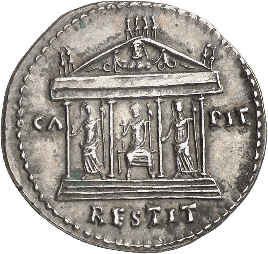 RIC II, Part 1 (second edition) Domitian 842 Domitian reverse, Front view of tetrastyle temple: in center, Jupiter seated ...