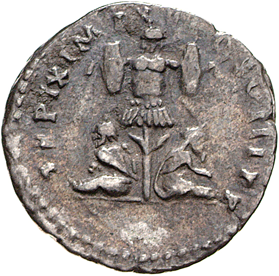 RIC II, Part 1 (second edition) Titus 104 Titus reverse, Woman captive, right, seated back to back with male captive, left...
