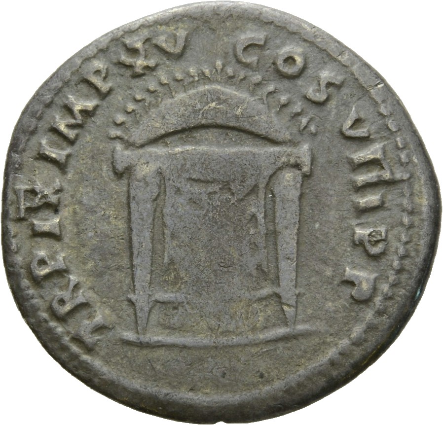 RIC II, Part 1 (second edition) Titus 124 Titus reverse, Square seat draped, three crescents in triangular frame with palm...