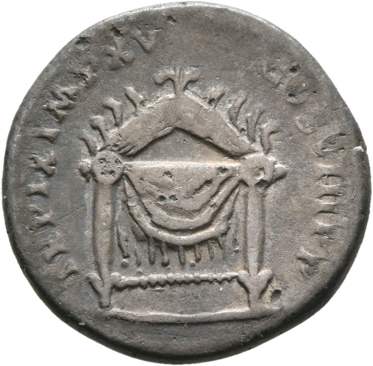 RIC II, Part 1 (second edition) Titus 124 Titus reverse — Square seat draped, three crescents in triangular frame with pal...