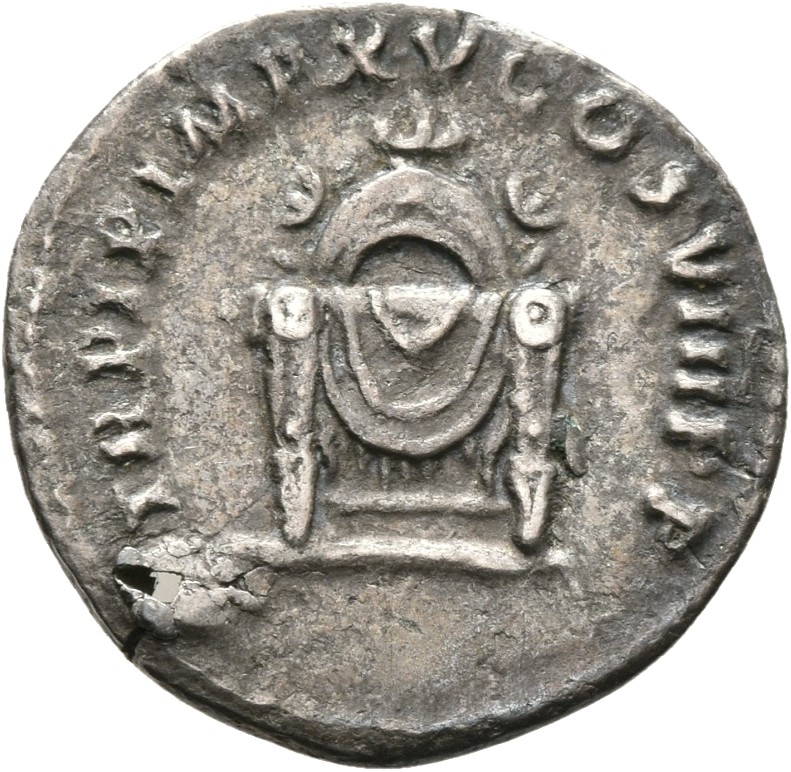 RIC II, Part 1 (second edition) Titus 125 Titus reverse, Square seat draped, three crescents in triangular frame with palm...