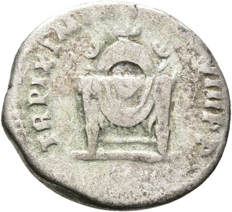 RIC II, Part 1 (second edition) Titus 125 Titus reverse — Square seat draped, three crescents in triangular frame with pal...