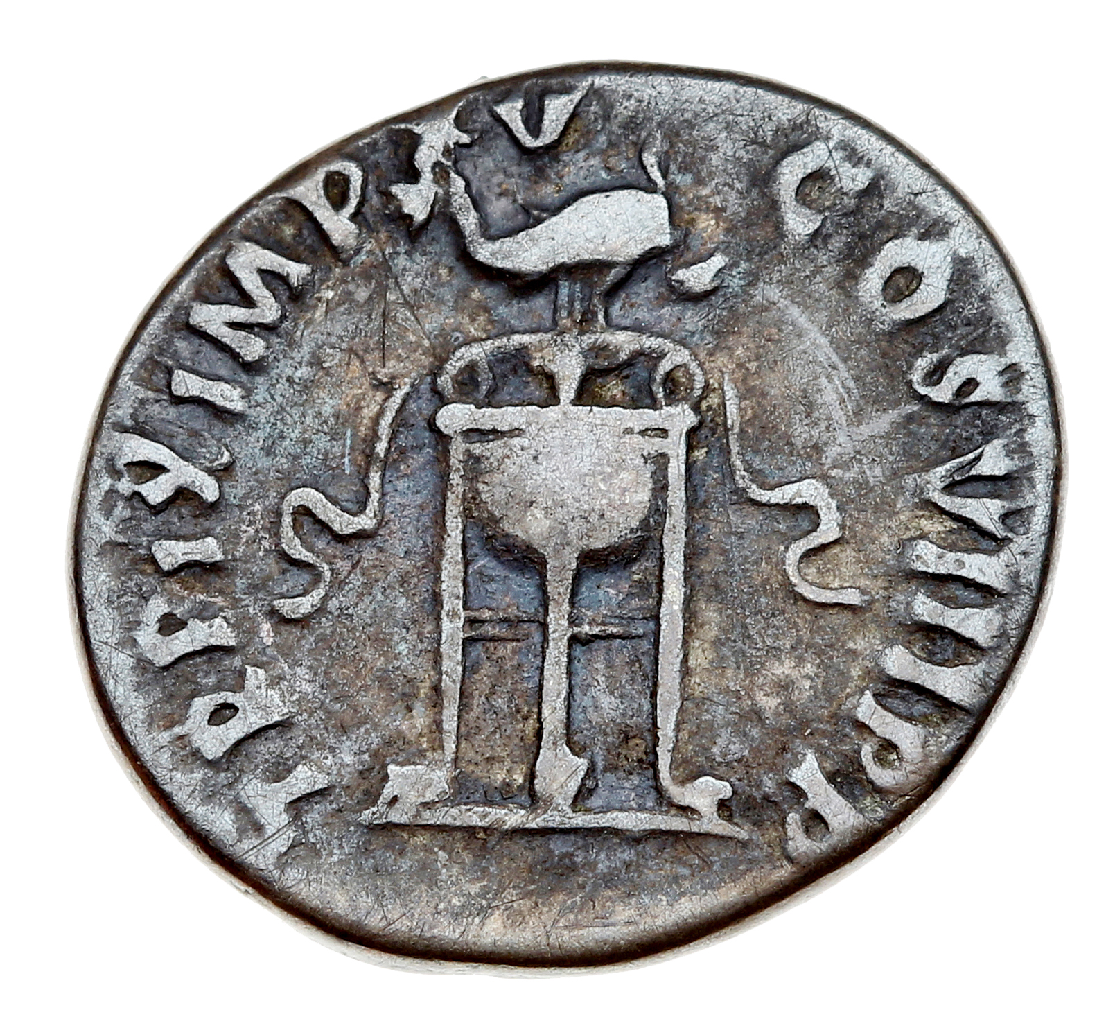 RIC II, Part 1 (second edition) Titus 128 Titus reverse — Tripod with fillets; dolphin above