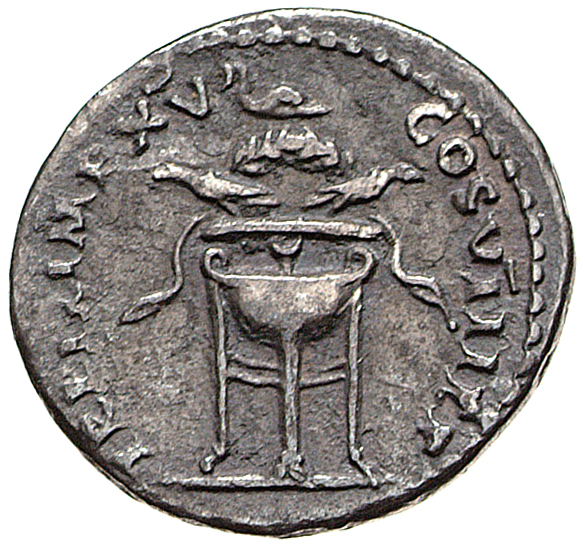 RIC II, Part 1 (second edition) Titus 131 Titus reverse, Tripod with fillets; two ravens flank dolphin above, wreath under...