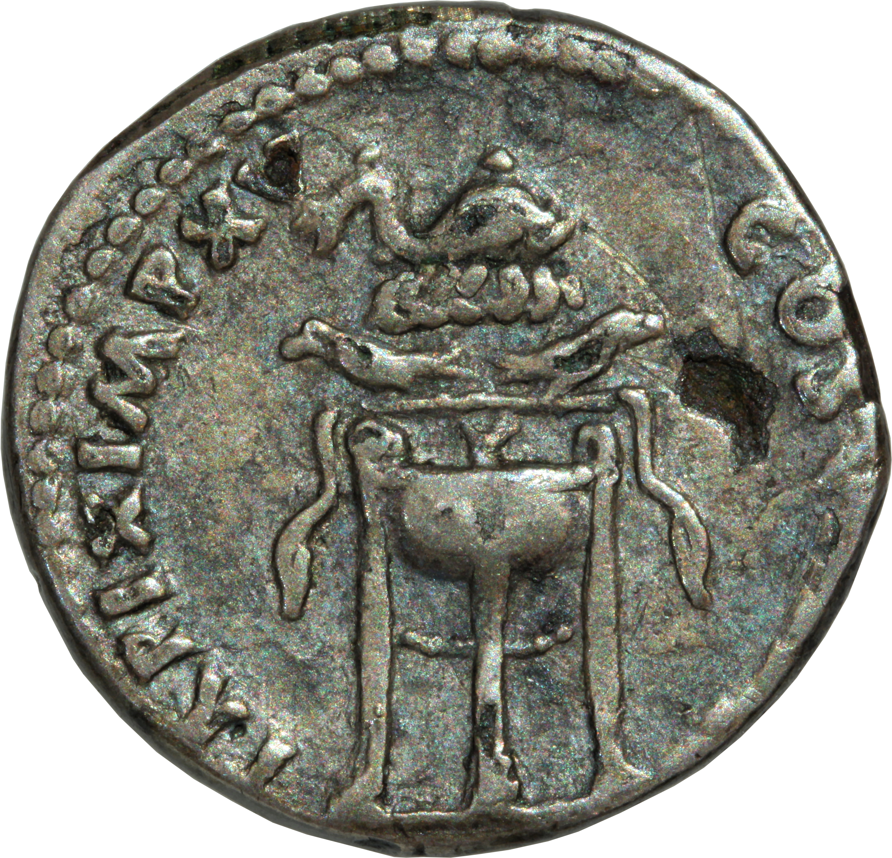 RIC II, Part 1 (second edition) Titus 131 Titus reverse — Tripod with fillets; two ravens flank dolphin above, wreath unde...