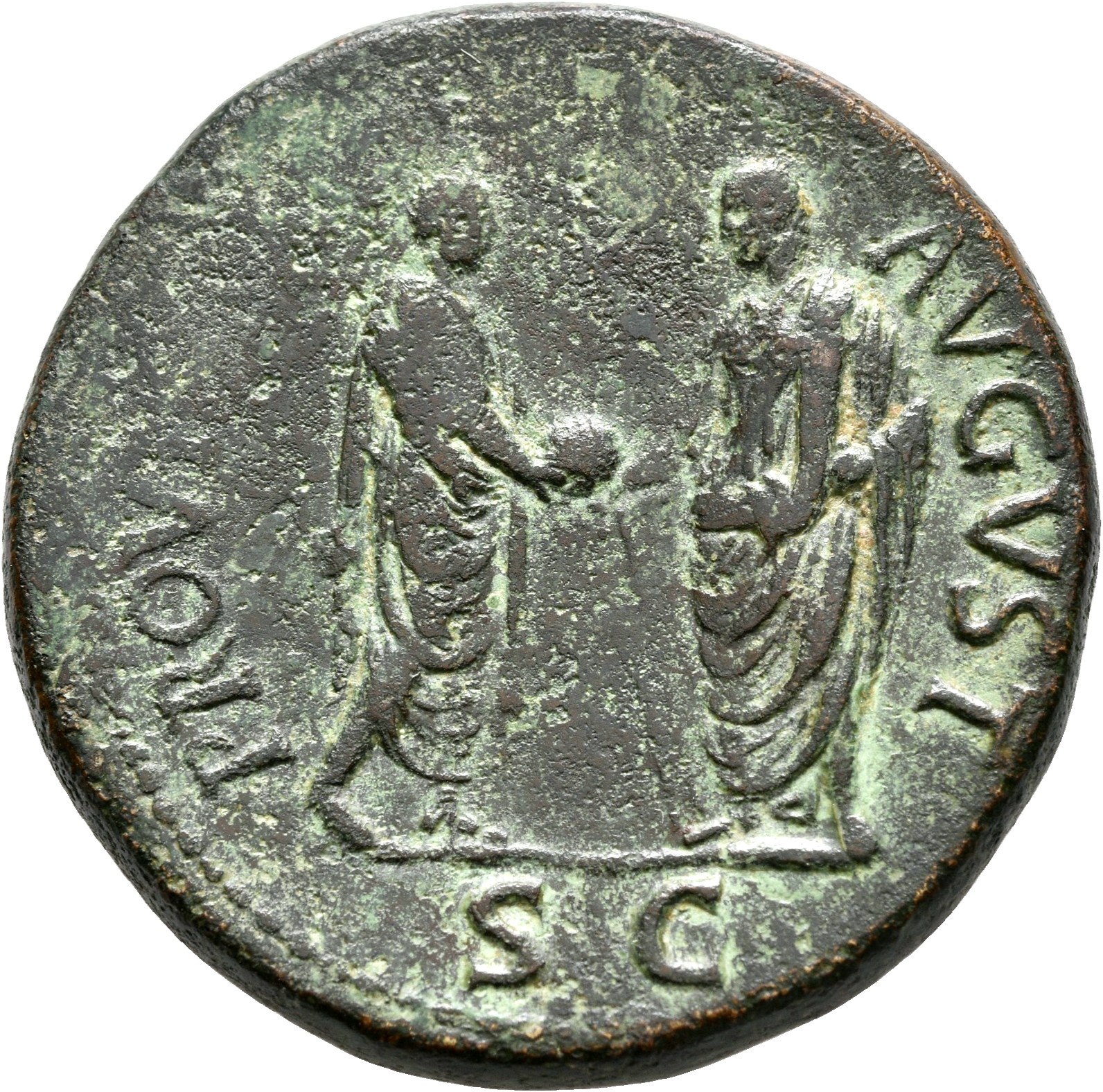 RIC II, Part 1 (second edition) Titus 162 Titus reverse — Vespasian and Titus, togate, standing right and left, holding gl...