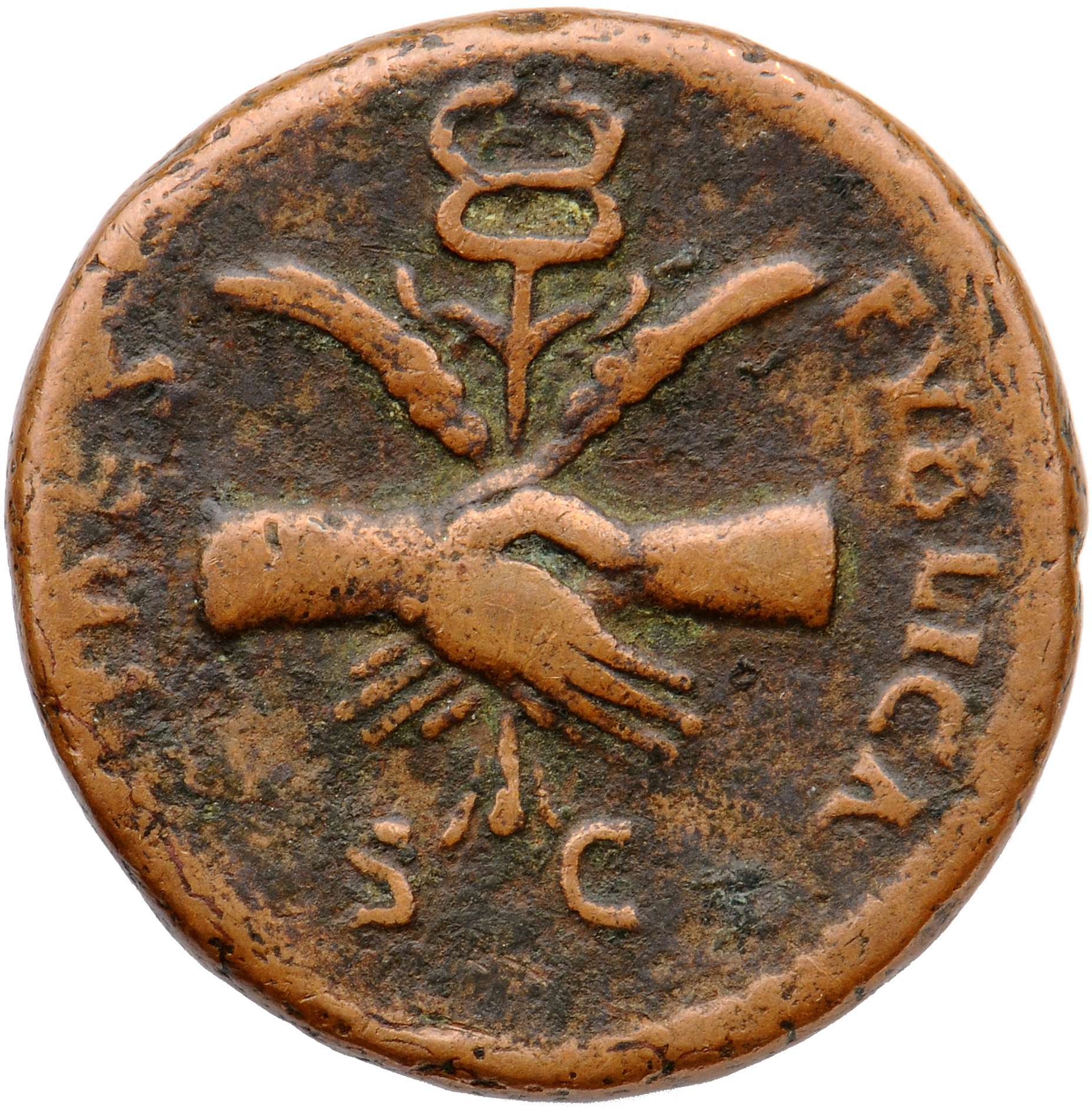RIC II, Part 1 (second edition) Titus 224 Titus reverse, Clasped hands holding winged caduceus and corn-ears