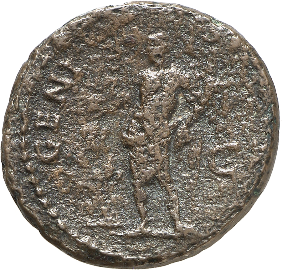RIC II, Part 1 (second edition) Titus 226 Titus reverse, Genius standing left, sacrificing out of patera over lighted alta...