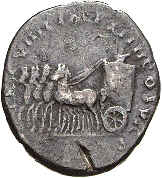 RIC II, Part 1 (second edition) Titus 25 Titus reverse, Slow quadriga left, with round basket-like car, garlanded, in whic...