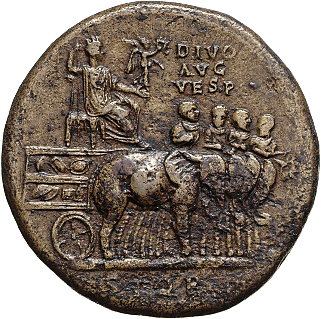 RIC II, Part 1 (second edition) Titus 257 Titus obverse, Divus Vespasian, holding sceptre, seated right on chair set on ca...