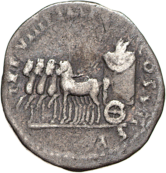 RIC II, Part 1 (second edition) Titus 26 Titus reverse, Slow quadriga left, with round basket-like car, garlanded, in whic...