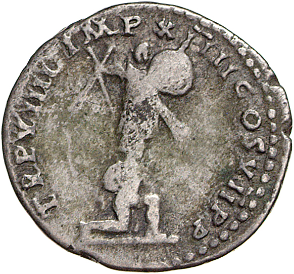RIC II, Part 1 (second edition) Titus 30 Titus reverse, Male captive kneeling in front of trophy