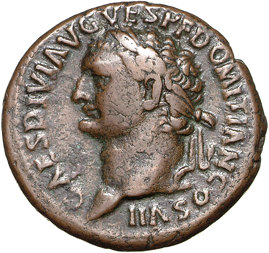 RIC II, Part 1 (second edition) Titus 315 Titus obverse, Kopf des Domitianus mit Lorbeerkranz nach l.