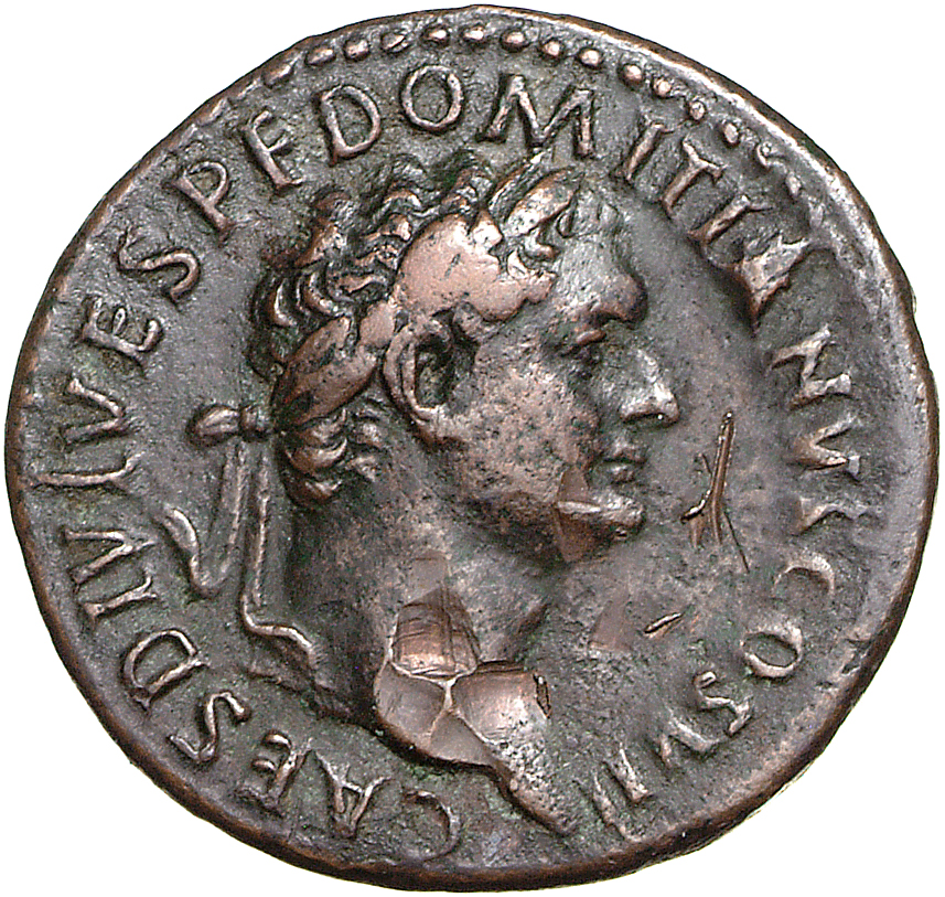 RIC II, Part 1 (second edition) Titus 345 Titus obverse, Kopf des Domitianus mit Lorbeerkranz nach r.