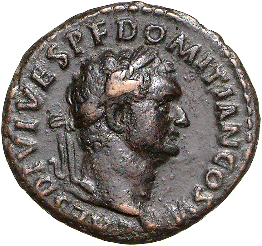 RIC II, Part 1 (second edition) Titus 347 Titus obverse, Kopf des Domitianus mit Lorbeerkranz nach r.