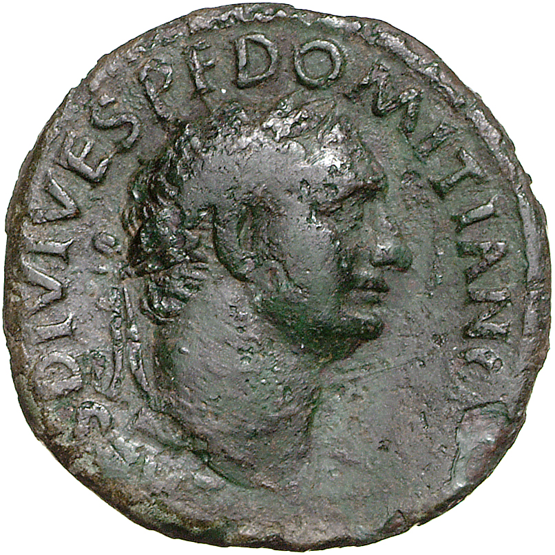 RIC II, Part 1 (second edition) Titus 347 Titus obverse, Kopf des Domitianus mit Lorbeerkranz nach r.