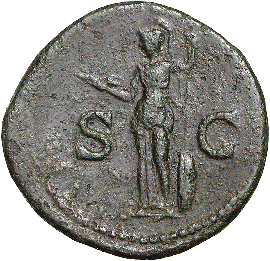 RIC II, Part 1 (second edition) Titus 348 Titus reverse, Minerva steht in der Vorderansicht, Kopf nach l. Schild zu ihren ...