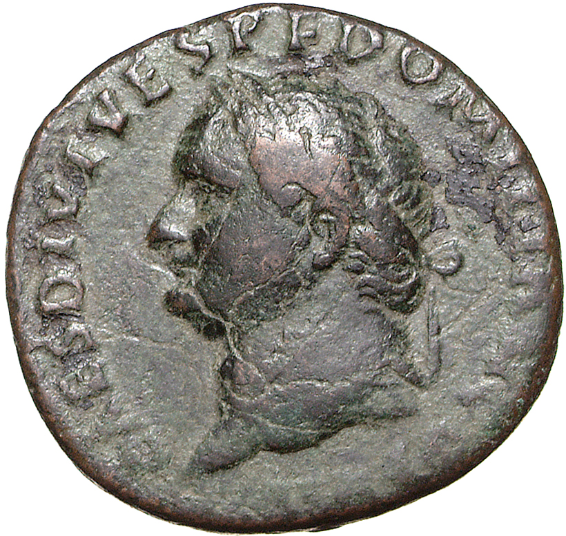 RIC II, Part 1 (second edition) Titus 348 Titus obverse, Kopf des Domitianus mit Lorbeerkranz nach l.
