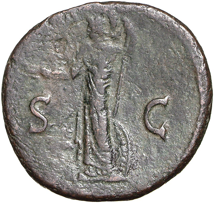 RIC II, Part 1 (second edition) Titus 348 Titus reverse, Minerva steht in der Vorderansicht, Kopf nach l. Schild zu ihren ...