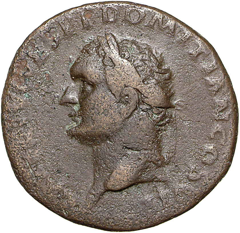 RIC II, Part 1 (second edition) Titus 351 Titus obverse, Kopf des Domitianus mit Lorbeerkranz nach l.