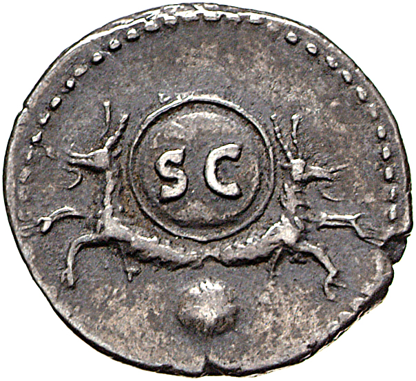 RIC II, Part 1 (second edition) Titus 357 Titus reverse, Capricorns, left and right, back to back, supporting round shield...