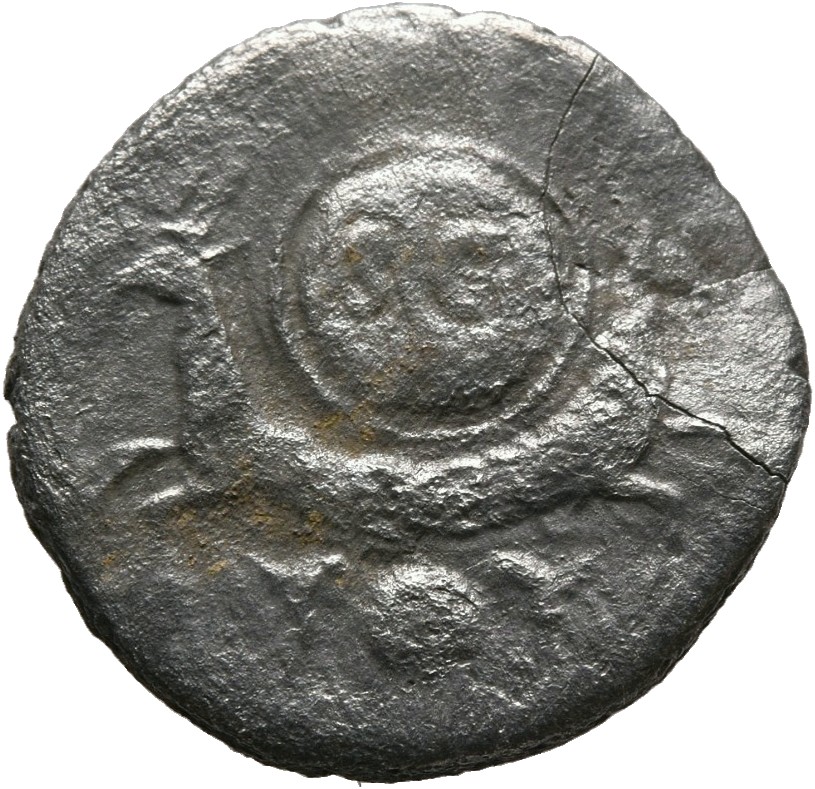 RIC II, Part 1 (second edition) Titus 357 Titus reverse, Capricorns, left and right, back to back, supporting round shield...