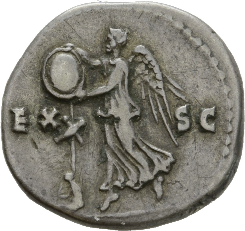 RIC II, Part 1 (second edition) Titus 364 Titus reverse, Victory, draped, stepping left, with both hands placing round shi...