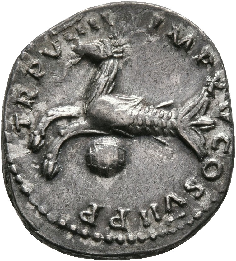 RIC II, Part 1 (second edition) Titus 38 Titus reverse, Capricorn left; below globe